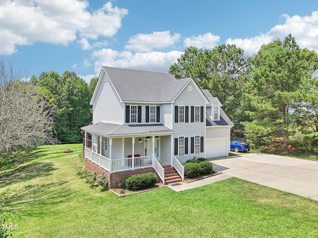 683 Castleberry Rd, Clayton, NC 27527 - colonial-style house with a porch, concrete driveway, a shingled roof, a front lawn, and an attached garage