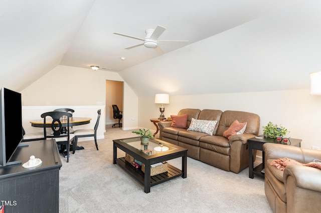 5030 Homeplace Dr, Apex, NC 27539 - living area featuring light colored carpet, vaulted ceiling, and ceiling fan