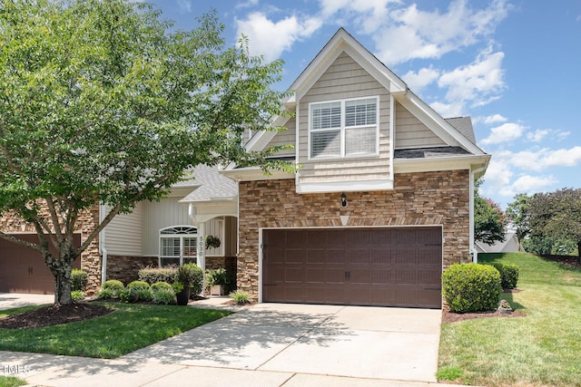 5030 Homeplace Dr, Apex, NC 27539 - view of front facade with stone siding, an attached garage, driveway, a front lawn, and roof with shingles