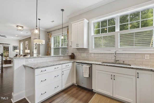 669 Fallon Grove Way, Raleigh, NC 27608 - kitchen with stainless steel dishwasher, a peninsula, ornamental molding, decorative backsplash, and dark wood-style flooring