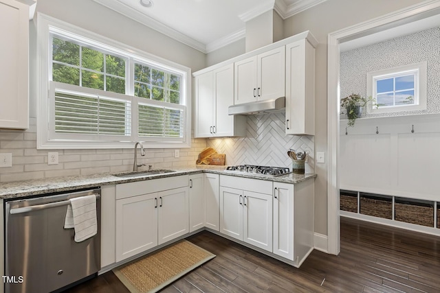 669 Fallon Grove Way, Raleigh, NC 27608 - kitchen featuring appliances with stainless steel finishes, ornamental molding, white cabinets, tasteful backsplash, and under cabinet range hood