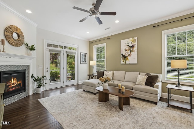 669 Fallon Grove Way, Raleigh, NC 27608 - living room featuring ornamental molding, wood finished floors, plenty of natural light, ceiling fan, and recessed lighting