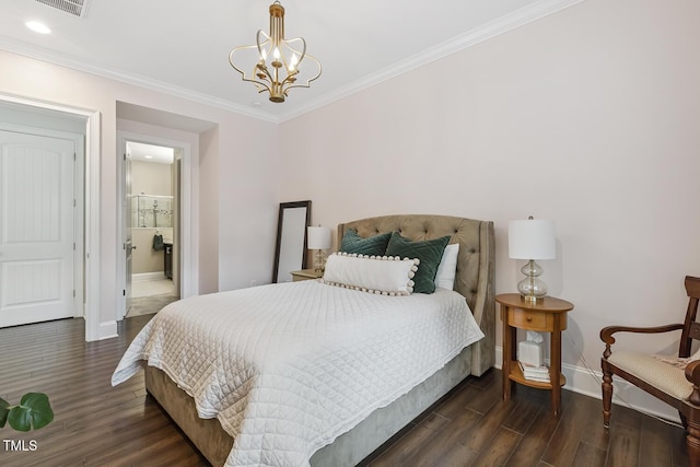 669 Fallon Grove Way, Raleigh, NC 27608 - bedroom with wood finished floors, a chandelier, crown molding, and recessed lighting