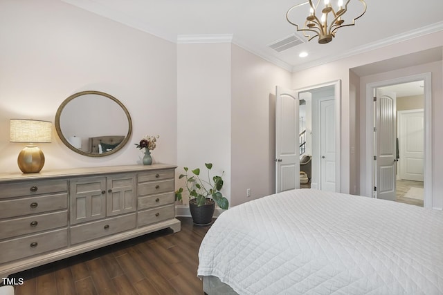 669 Fallon Grove Way, Raleigh, NC 27608 - bedroom featuring dark wood-style flooring, ornamental molding, a chandelier, and recessed lighting