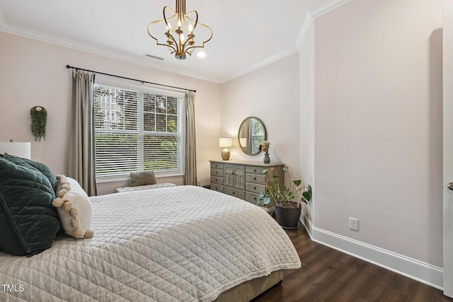 669 Fallon Grove Way, Raleigh, NC 27608 - bedroom with ornamental molding, dark wood-style flooring, a chandelier, and recessed lighting