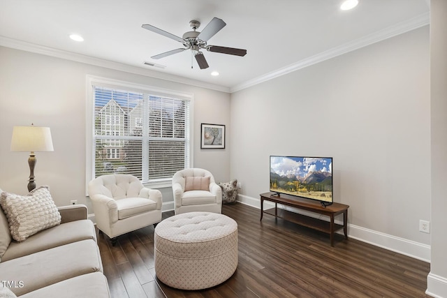 669 Fallon Grove Way, Raleigh, NC 27608 - living room featuring dark wood finished floors, crown molding, a ceiling fan, and recessed lighting