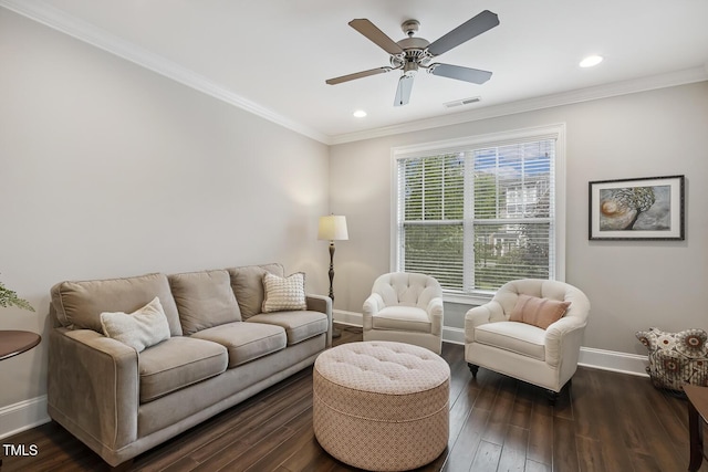 669 Fallon Grove Way, Raleigh, NC 27608 - living room featuring dark wood-style floors, crown molding, recessed lighting, and ceiling fan