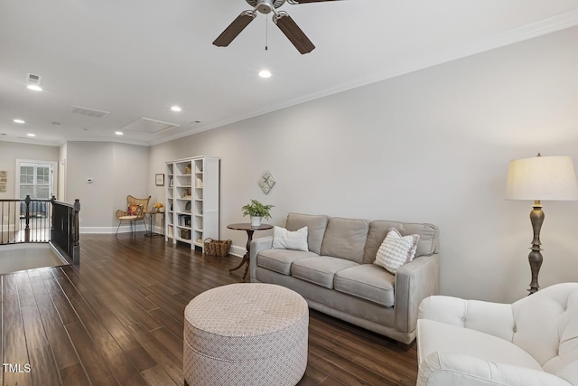 669 Fallon Grove Way, Raleigh, NC 27608 - living area with a ceiling fan, wood finished floors, ornamental molding, and recessed lighting