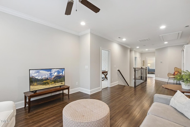 669 Fallon Grove Way, Raleigh, NC 27608 - living area with attic access, wood finished floors, ceiling fan, recessed lighting, and ornamental molding