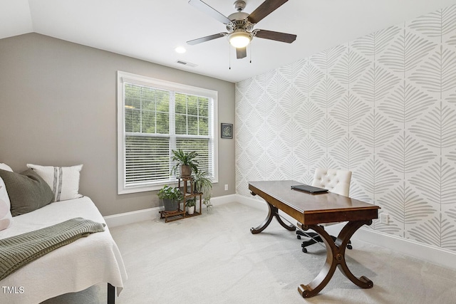 669 Fallon Grove Way, Raleigh, NC 27608 - carpeted office featuring wallpapered walls, ceiling fan, and lofted ceiling