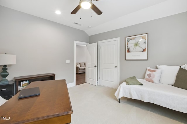 669 Fallon Grove Way, Raleigh, NC 27608 - bedroom featuring light colored carpet, an office area, lofted ceiling, and ceiling fan