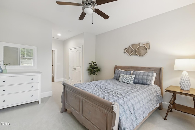 669 Fallon Grove Way, Raleigh, NC 27608 - bedroom featuring light colored carpet, recessed lighting, a closet, and a ceiling fan