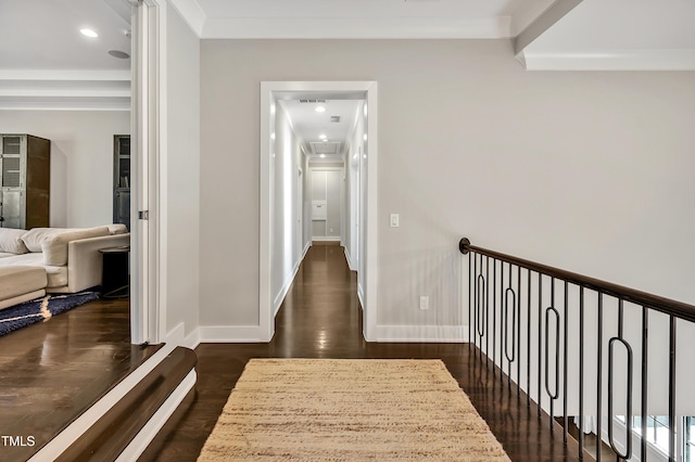 5040 Shakori Trl, Durham, NC 27707 - hall with dark wood-type flooring and crown molding