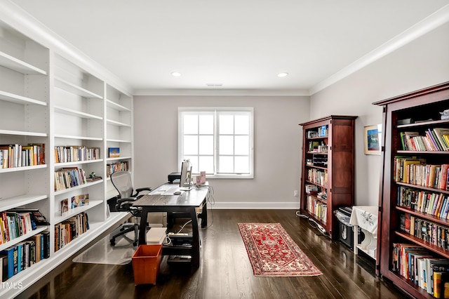 5040 Shakori Trl, Durham, NC 27707 - office with crown molding, wall of books, wood finished floors, and built in features
