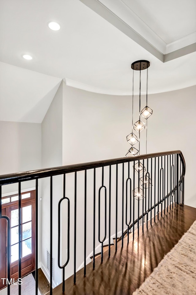 5040 Shakori Trl, Durham, NC 27707 - corridor with wood finished floors, recessed lighting, crown molding, and an upstairs landing
