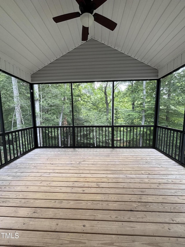 1119 Sagamore Dr, Louisburg, NC 27549 - unfurnished sunroom with a ceiling fan, lofted ceiling, and plenty of natural light