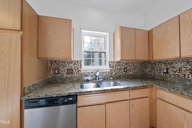 241 Commons Dr, Holly Springs, NC 27540 - kitchen featuring dishwasher, decorative backsplash, light brown cabinets, and dark stone counters