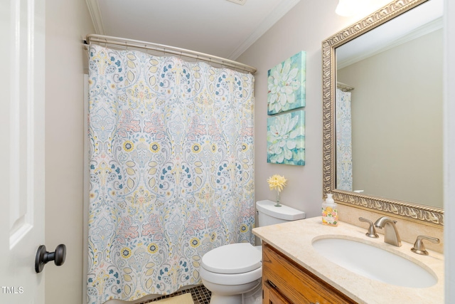 4135 Somerset Dr, Oxford, NC 27565 - full bathroom with vanity, ornamental molding, and a shower with curtain