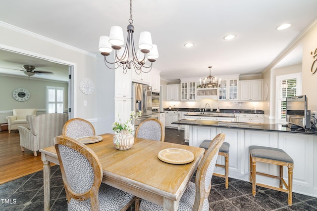 4135 Somerset Dr, Oxford, NC 27565 - dining room featuring a chandelier, crown molding, recessed lighting, ceiling fan, and granite tiled floors