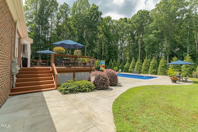 4135 Somerset Dr, Oxford, NC 27565 - outdoor pool with a wooden deck, a patio area, a lawn, and stairs