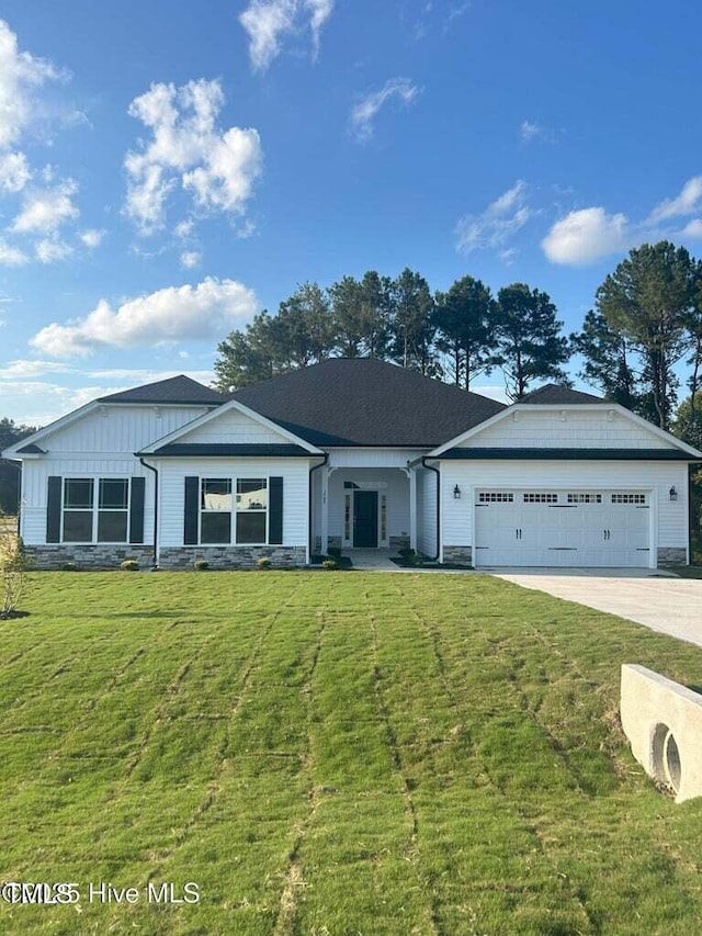 5677 Red Oak Battleboro Rd Lot 3, Battleboro, NC 27809 - single story home with stone siding, an attached garage, driveway, and a front yard