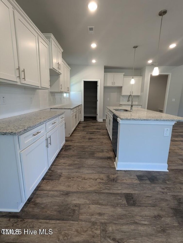 5677 Red Oak Battleboro Rd Lot 3, Battleboro, NC 27809 - kitchen featuring dark wood finished floors, recessed lighting, light stone counters, and white cabinetry