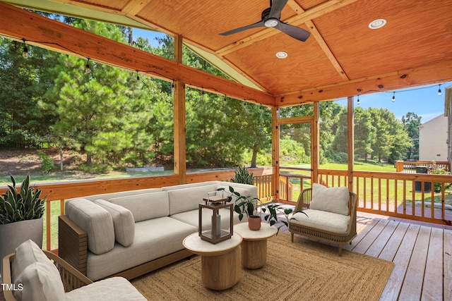 2021 Patapsco Dr, Apex, NC 27523 - sunroom featuring vaulted ceiling, ceiling fan, and an outdoor living space
