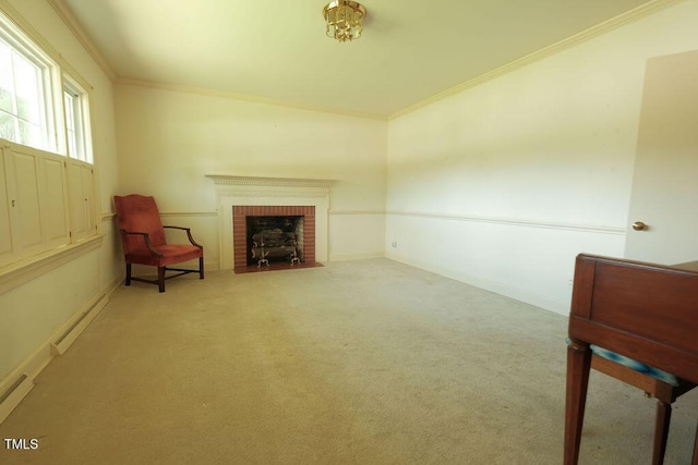 1801 Bethlehem Rd, Rocky Mount, NC 27803 - sitting room with a baseboard radiator, carpet floors, ornamental molding, and a brick fireplace