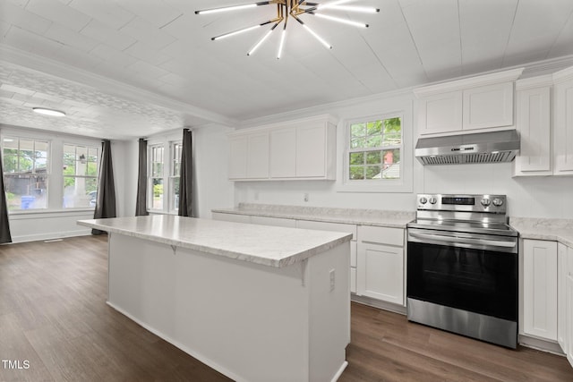 919 College Cir N, Wilson, NC 27893 - kitchen featuring electric stove, ventilation hood, dark wood-style flooring, white cabinetry, and crown molding