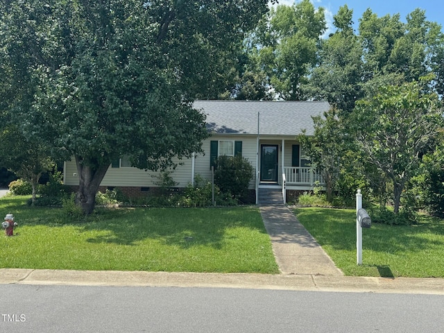 165 Cambridge Elm Dr, Clayton, NC 27520 - view of front of house featuring a front lawn, a porch, a shingled roof, and crawl space
