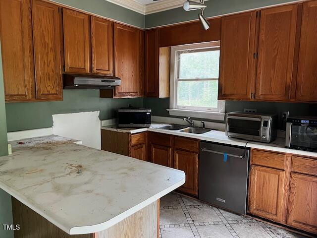 3573 River View Cir, Oxford, NC 27565 - kitchen featuring stainless steel dishwasher, under cabinet range hood, crown molding, brown cabinetry, and a peninsula