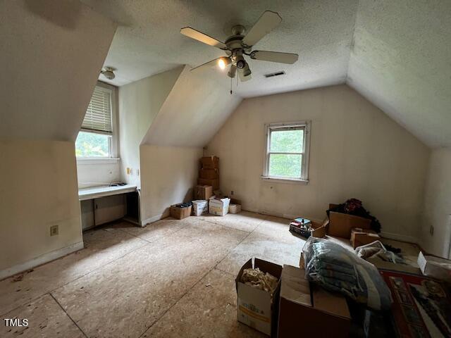 3573 River View Cir, Oxford, NC 27565 - bonus room with healthy amount of natural light, lofted ceiling, a ceiling fan, and a textured ceiling