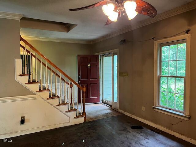 3573 River View Cir, Oxford, NC 27565 - entrance foyer with ceiling fan, healthy amount of natural light, crown molding, and stairway