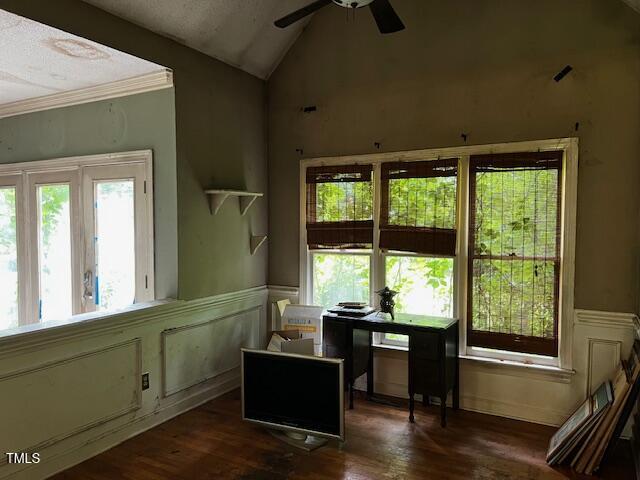 3573 River View Cir, Oxford, NC 27565 - office space featuring ceiling fan, healthy amount of natural light, wood finished floors, vaulted ceiling, and a wainscoted wall