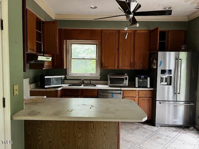 3573 River View Cir, Oxford, NC 27565 - kitchen featuring appliances with stainless steel finishes, open shelves, ornamental molding, a ceiling fan, and under cabinet range hood