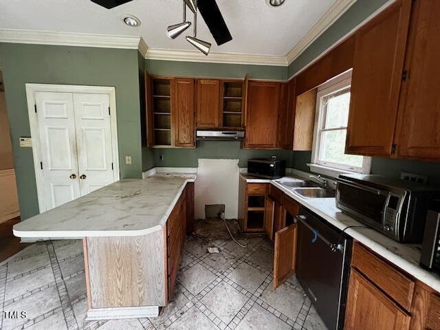 3573 River View Cir, Oxford, NC 27565 - kitchen featuring dishwasher, open shelves, inlaid floor details, light countertops, and brown cabinets