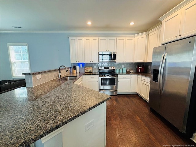 914 W Rowan St SW, Fayetteville, NC 28301 - kitchen featuring appliances with stainless steel finishes, a peninsula, ornamental molding, dark wood finished floors, and backsplash