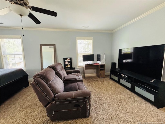 914 W Rowan St SW, Fayetteville, NC 28301 - living area featuring carpet flooring, plenty of natural light, crown molding, and ceiling fan