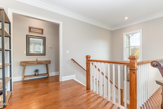 1501 Heritage Reserve Ct, Wake Forest, NC 27587 - hall with an upstairs landing, ornamental molding, wood finished floors, and recessed lighting