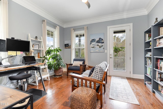 1501 Heritage Reserve Ct, Wake Forest, NC 27587 - office area with healthy amount of natural light, ornamental molding, and wood finished floors