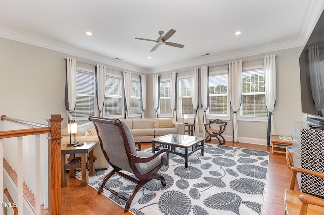 1501 Heritage Reserve Ct, Wake Forest, NC 27587 - living area featuring a ceiling fan, light wood-type flooring, ornamental molding, and recessed lighting
