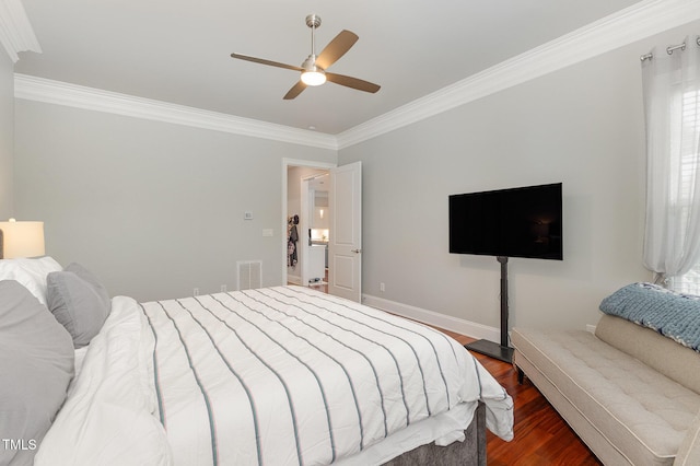 1501 Heritage Reserve Ct, Wake Forest, NC 27587 - bedroom with ornamental molding, dark wood finished floors, and ceiling fan