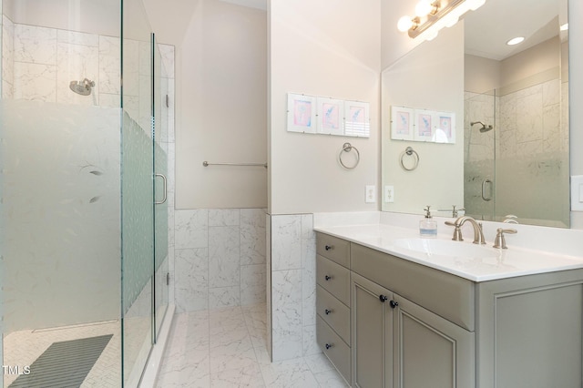 1501 Heritage Reserve Ct, Wake Forest, NC 27587 - bathroom featuring marble finish floors, a shower stall, and vanity