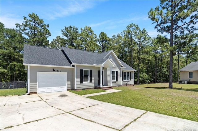 3326 Donnett Dr, Spring Lake, NC 28390 - ranch-style house featuring a garage, crawl space, concrete driveway, and a shingled roof