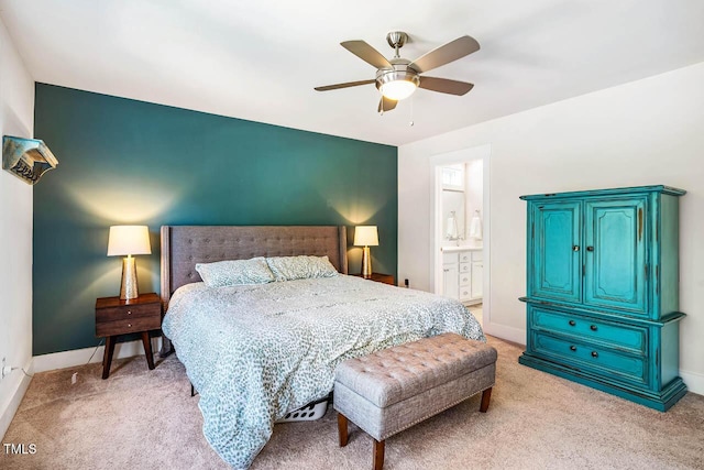 438 Granite Mill Blvd, Chapel Hill, NC 27516 - bedroom with light carpet, a ceiling fan, and ensuite bathroom