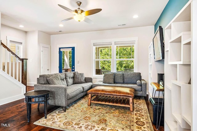 438 Granite Mill Blvd, Chapel Hill, NC 27516 - living area featuring dark wood-style flooring, stairs, a ceiling fan, and recessed lighting