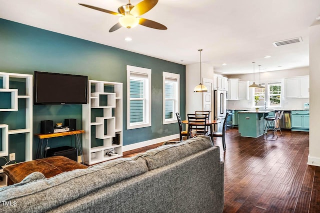 438 Granite Mill Blvd, Chapel Hill, NC 27516 - living room with ceiling fan, dark wood-style floors, and recessed lighting