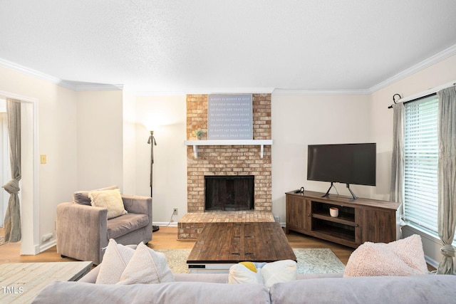 4316 American Dr, Durham, NC 27705 - living room with crown molding, wood finished floors, and a fireplace