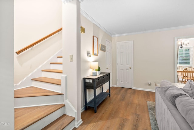 4316 American Dr, Durham, NC 27705 - living room featuring stairway, wood finished floors, and crown molding
