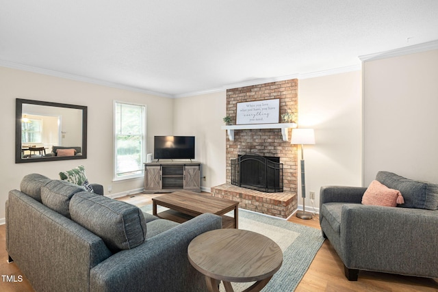 4316 American Dr, Durham, NC 27705 - living room with crown molding, wood finished floors, and a brick fireplace